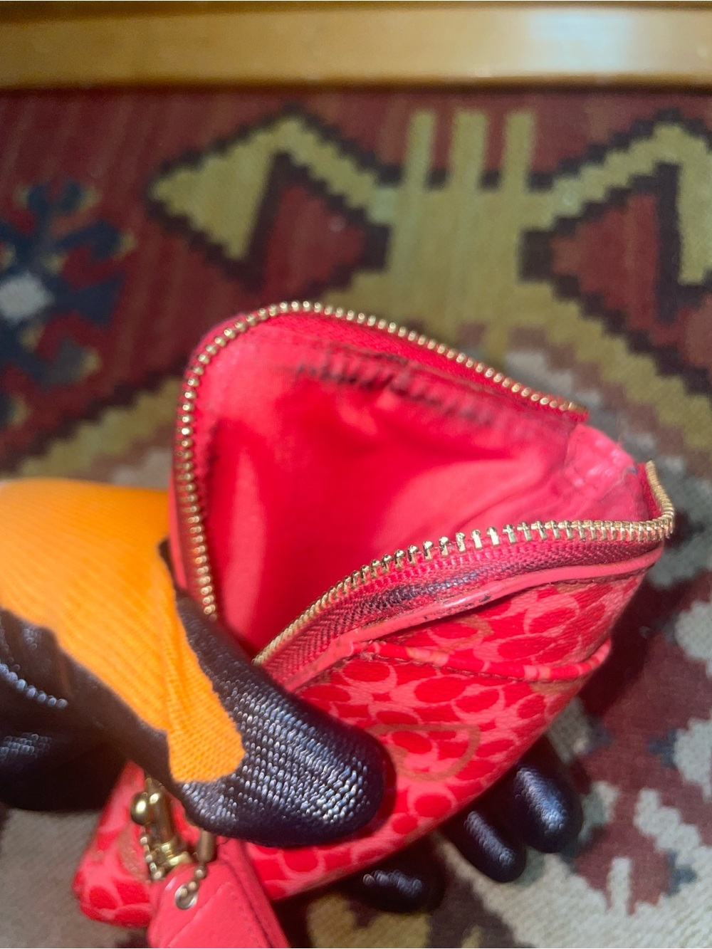Vintage Coach Pink-Red Gold Heart Print Mini Wristlet with Gold Accents - Picture 5 of 10